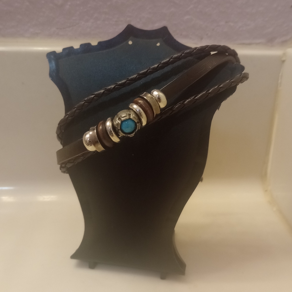 Brown Woven Leather & Beaded Adjustable Bracelet
